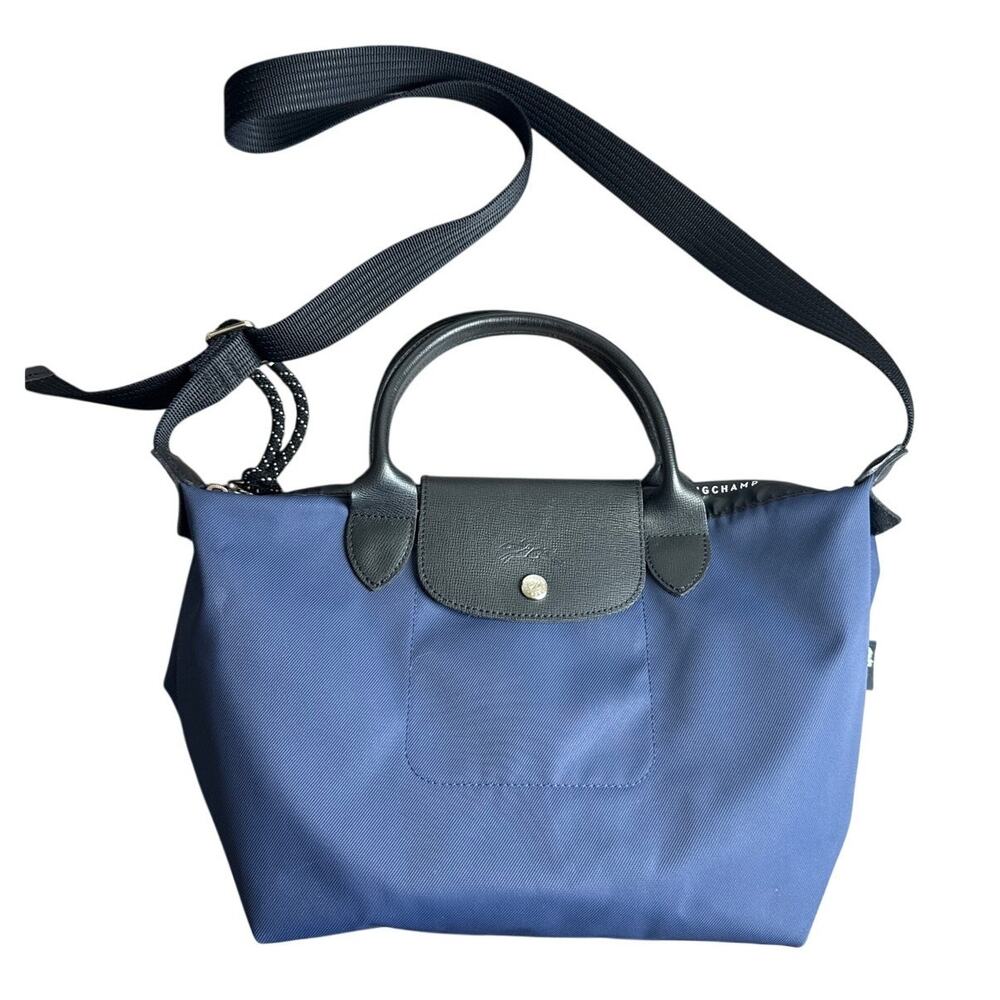 Longchamp Le Pliage Energy Top-Handle Bag Small in Ink Blue & Black Leather
